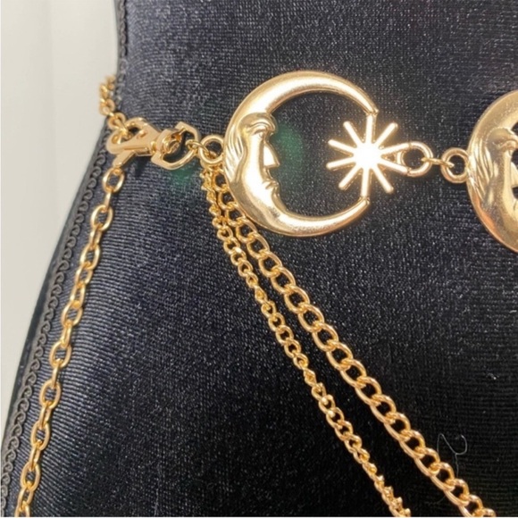 Celestial Crescent Moon Multi Layer Chain Statement Belt Metal Waist Belt Gold - Picture 3 of 13